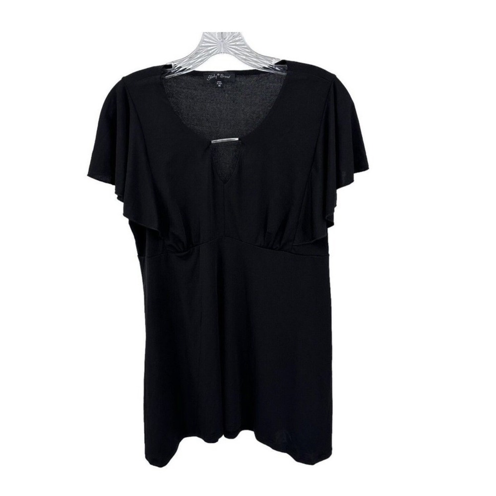 Slinky Brand Black Empire Waist Tunic Top Metal Bar Keyhole Blouse Casual Med